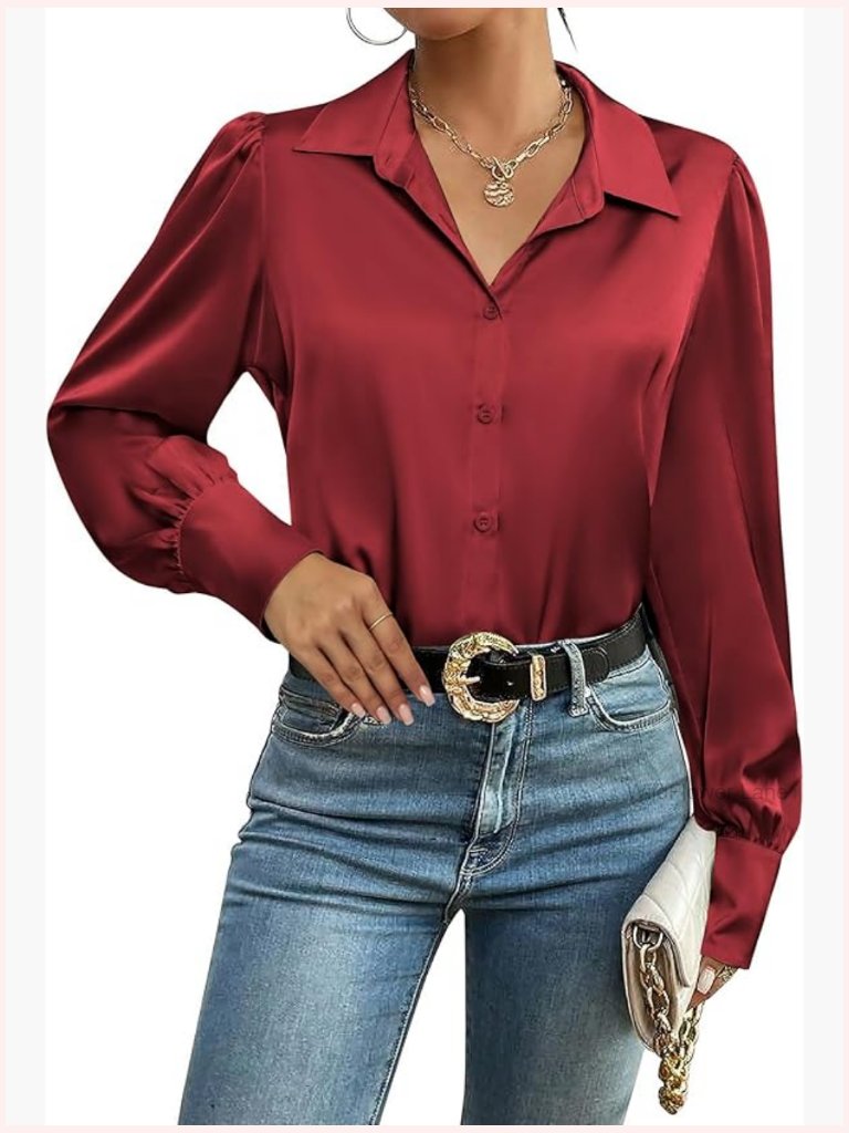 Satin Blouse Lantern Long Sleeve Button Down Shirt Dressy Casual Tunic Top